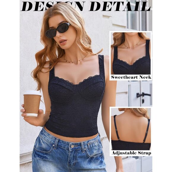 Lace Crop Top Women's Adjustable Strap Summer Tank Sweetheart Neck Small - Picture 4 of 6